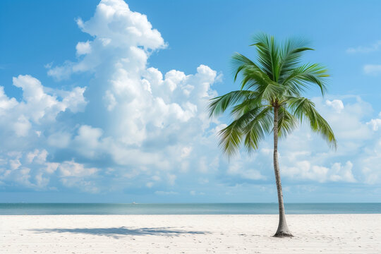 A palm tree stands alone on a beach with a cloudy sky in the background. The scene is serene and peaceful, with the palm tree providing a sense of calm and tranquility