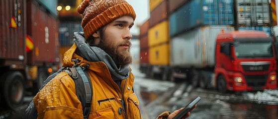 A logistician with a tablet overseeing international shipping operations near trucks. Concept Logistics, International Shipping, Transportation Management, Supply Chain, Technology Integration