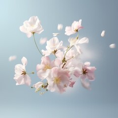 Obraz premium Cherry blossom on the sky. Light pink flowers, sakura tree branch. Generative AI