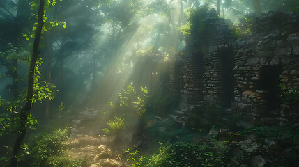 Fototapeta na wymiar Mysterious ruins hidden deep within the forest along an ancient trail