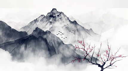 Sumi-e style landscape vector art illustration of a mountain in spring, sparse vegetation beginning to bloom, the untamed awakening of nature - obrazy, fototapety, plakaty