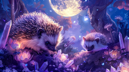 Hedgehogs wandering through a garden of crystals under a full moon - obrazy, fototapety, plakaty