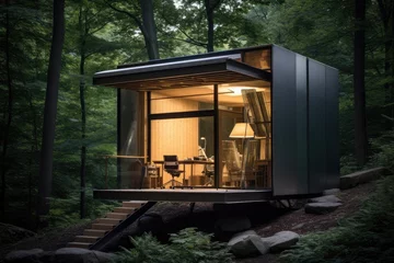 Fototapeten Recording studio, An outdoor forest recording studio for nature inspired creativity, Modern podcast studio or interview room at a home office and calm nature background, AI generated © Tanu
