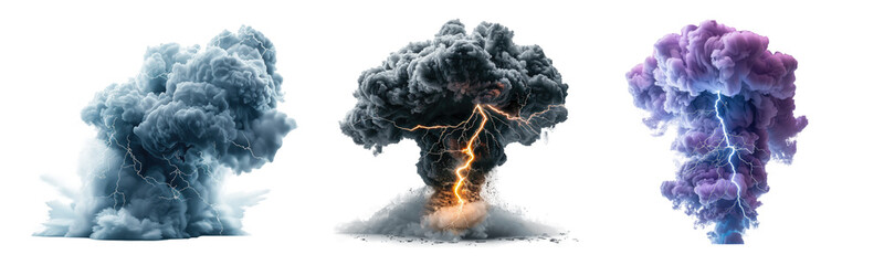 Set of smoke explosions with lightnings isolated on transparent background. - 776253631