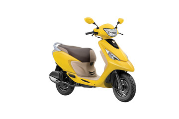 front view yellow motorcycle scooter or scooty isolated on white background