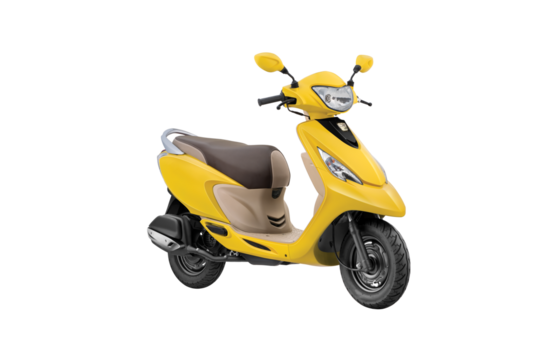 front view yellow motorcycle scooter or scooty isolated on white background