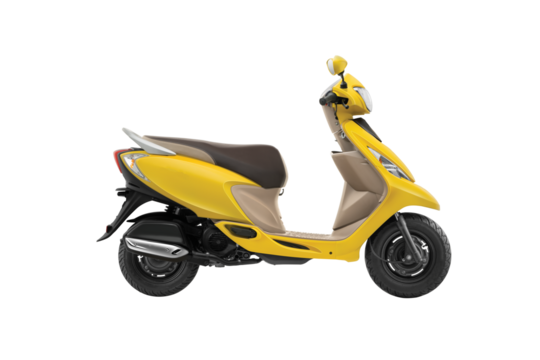 Side view yellow motorcycle scooter or scooty isolated on white background