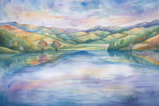 A dreamy landscape painted in watercolor pastels, with rolling hills and a calm lake reflecting the soft hues of the sky