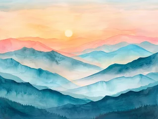 Wandcirkels plexiglas Pastel watercolor mountains at sunset, with the colors blending into a soft, romantic landscape © Milagro