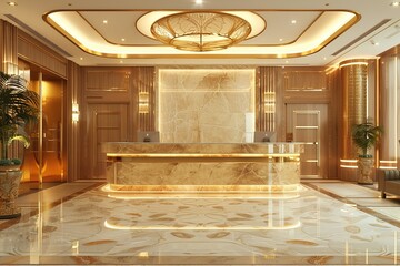 3d rendering luxury hotel reception desk with a marble floor and gold walls, Ai Generated