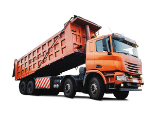 Large quarry dump truck. Big yellow mining truck at work site. Loading coal into body truck. Truck transparent background . Mining truck mining machinery to transport coal from open-pit production © timofeev