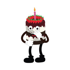 Cute sweet birthday cake cartoon character design, vintage character cartoon birthday cake, retro sticker of happy chocolate cake with candles