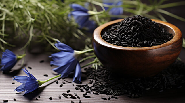Black cumin seeds with nigella sativa flower in clo