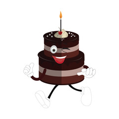 Cute sweet birthday cake cartoon character design, vintage character cartoon birthday cake, retro sticker of happy chocolate cake with candles