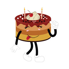 Cute sweet birthday cake cartoon character design, vintage character cartoon birthday cake, retro sticker of happy chocolate cake with candles