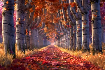 Poster An enchanting forest in autumn with a carpet of golden leaves and light streaming through the trees © weerasak
