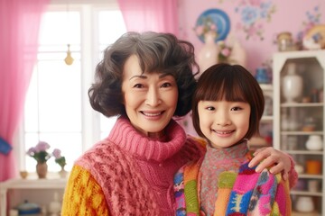 Asian grandmother with wavy hair in a pink sweater and granddaughter in a pink sweater on the background of a pink room