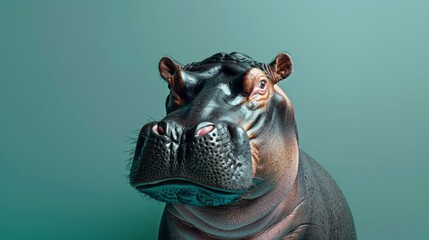 Hippopotamus Standing in Front of Green Background - obrazy, fototapety, plakaty
