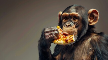 Chimpanzee Eating Slice of Pizza - obrazy, fototapety, plakaty
