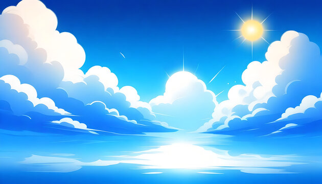 Anime cloud in blue heaven sky vector background. Summer abstract cloudy air design with gradient and sun light with reflection. Beautiful calm morning game outdoor panorama with sunshine painting.