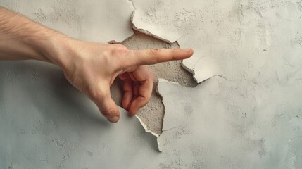 Hand Pointing at Hole in Wall - obrazy, fototapety, plakaty