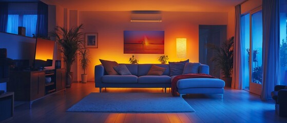 smart home interior with AI-powered control panel interface holographically projected over a cozy living room, blending modern living with advanced technology