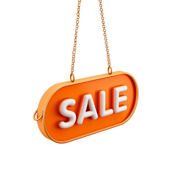 A orange sale sign with bold white letters spelling out SALE hung from a gold strap