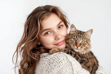 Pretty woman smiling with her cat in her arms putting their faces together in white background