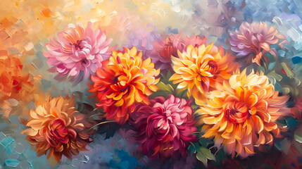 Colorful red pink yellow white Chrysanthemum, bright nature, oil paint