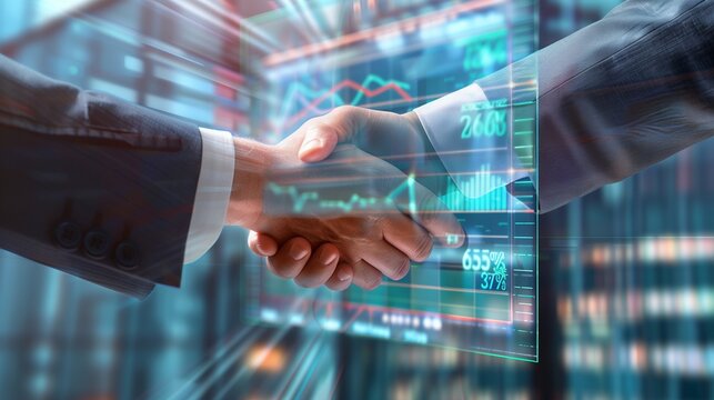 Sealing the Deal: Handshake with Digital World Integration - An ultra-high-definition image showcasing a handshake between two professionals, with a transparent digital screen displaying graphs