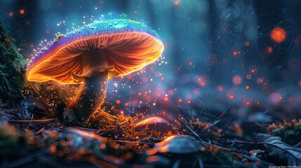 A single mushroom glows with a spectrum of colors under a shower of light rain, set in an enchanted, twinkling forest landscape. - obrazy, fototapety, plakaty