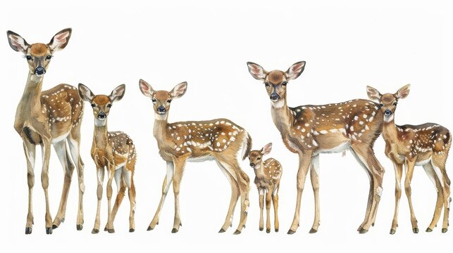   A herd of deer aligned next to one another against a pristine white backdrop A baby deer poses beside them