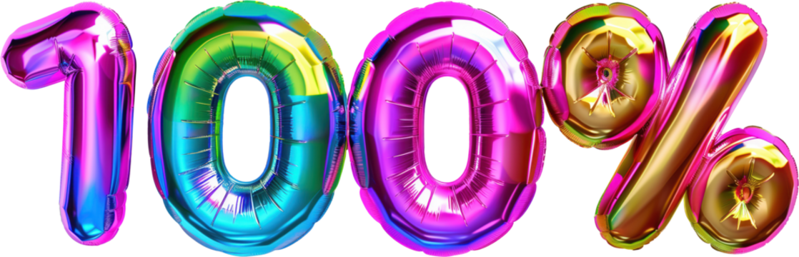 100% balloon numbers, concept of sale celebration and product promotion, element on transparent background
