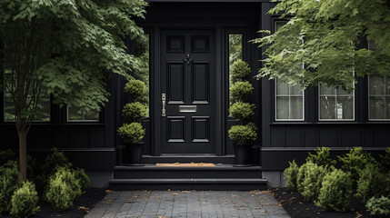 Black front door of black house with trees - obrazy, fototapety, plakaty