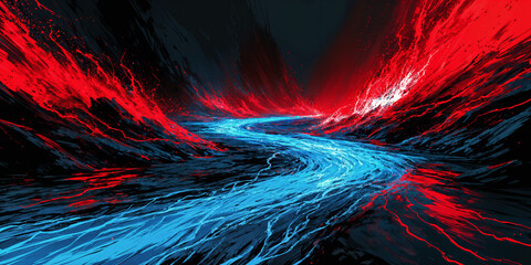 A vibrant and dynamic scene with a river flowing through a landscape, surrounded by red and blue hues.