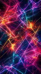 A dynamic and colorful background featuring interconnected neon lines in vibrant pink, blue, and yellow tones.