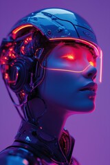 Close up portrait of female face in futuristic fashion style with cybernetic neon light in cyberpunk style