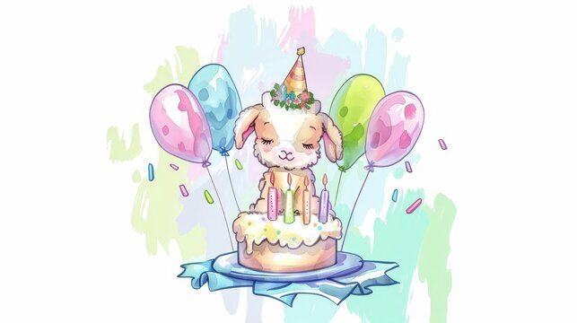  bunny atop, balloons encircling, party hat on cake's peak