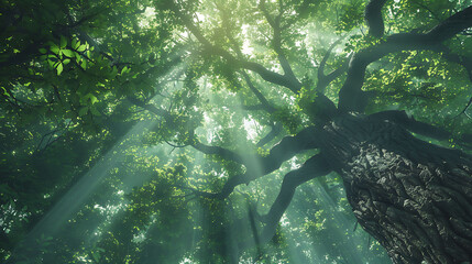 Old trees forming a natural canopy overhead - obrazy, fototapety, plakaty