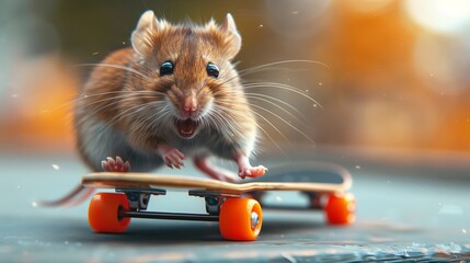 Rodent Riding Skateboard With Open Mouth - obrazy, fototapety, plakaty