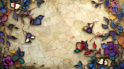 Delicate ceramic flowers bloom on a fractured, tessellated wall, displaying a beautiful blend of art, nature, and craftsmanship.