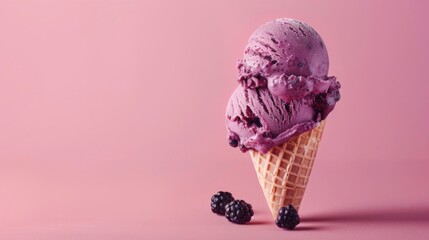 Scoop of Ice Cream With Blackberries on Pink Background - Powered by Adobe