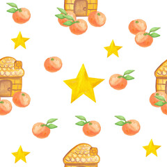 seamless pattern gingerbread Christmas house tangerines and stars base for printing cards and prints