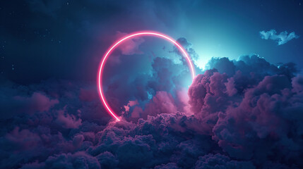 Cloud illuminated with glowing red neon light ring  - obrazy, fototapety, plakaty