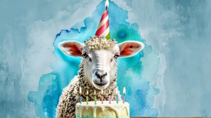   A sheep in a birthday hat stands before a cake The cake features a lit candle atop it
