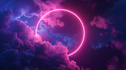 Cloud illuminated with pink glow neon light ring circle on dark night sky