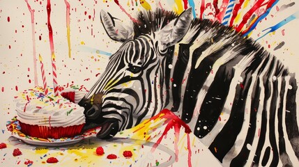   A zebra depicted with a cupcake in hand, adorned with sprinkles, and paint splatters surrounding the scene