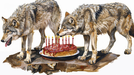   A painting of two wolves blowing out candles on a cake A plate of strawberries lies before them