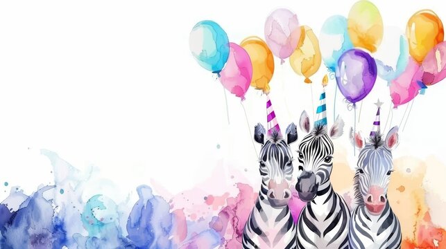   Two zebras facing each other by a white wall with balloons above