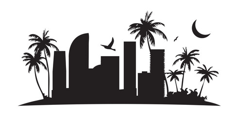 Obraz premium Silhouette of the city with palm trees. Vector illustration.